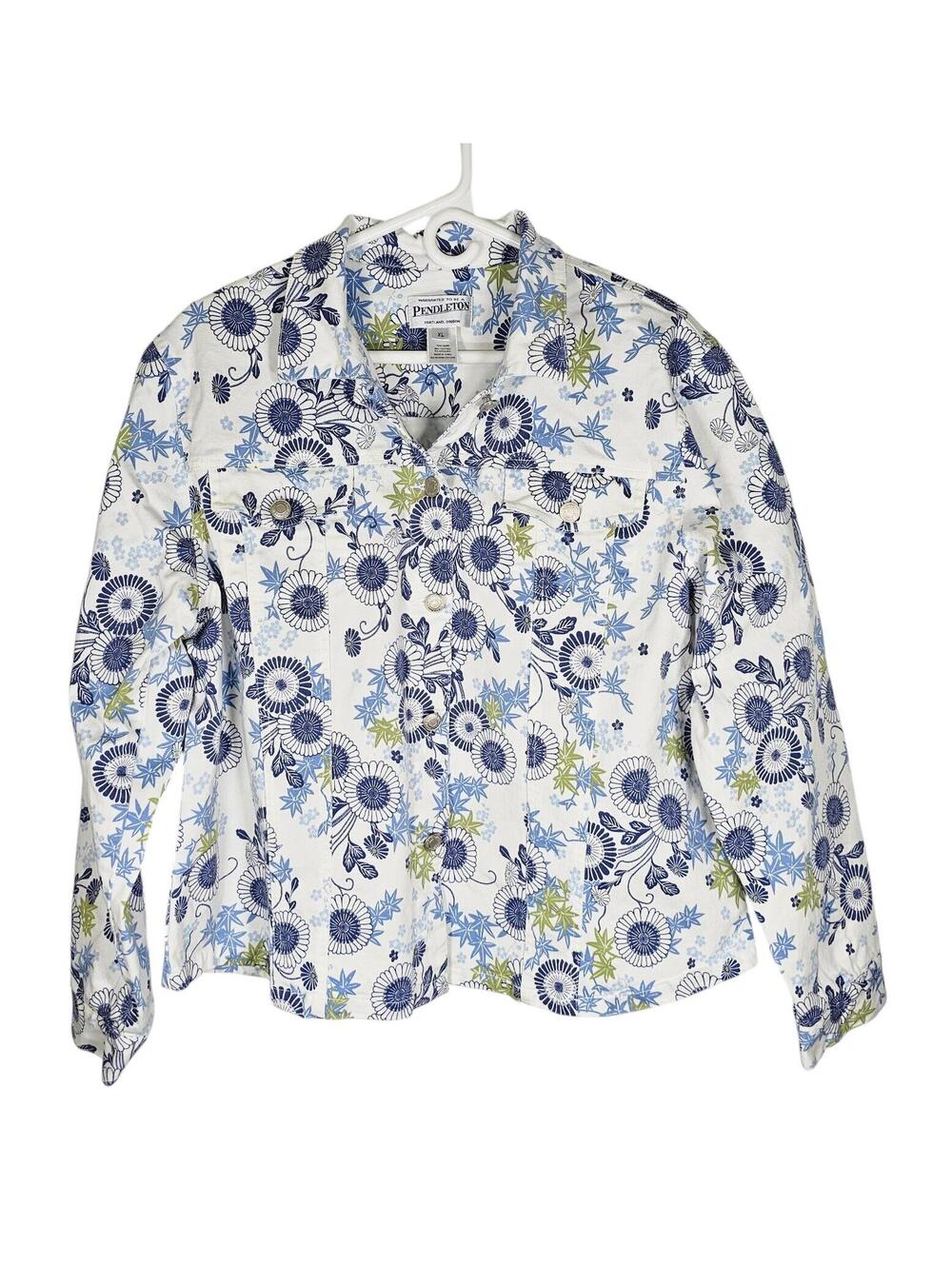 Pendleton Women's XL Floral Denim Jacket Blue White Chrysanthemum Trucker - Picture 3 of 11